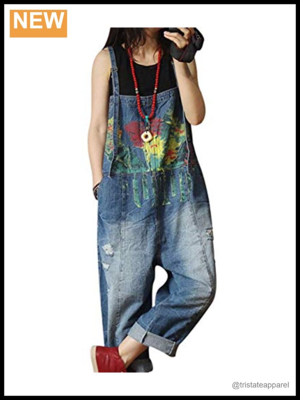 Cropped Denim Overalls Jumpsuit Hand Painted Distressed Loose Fit